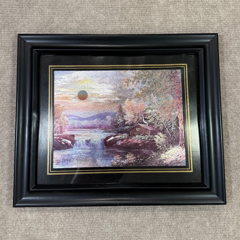 VTG Etched Foil Art Print Framed Outdoor Scene Cabin Woods‎ Mountains Waterfall